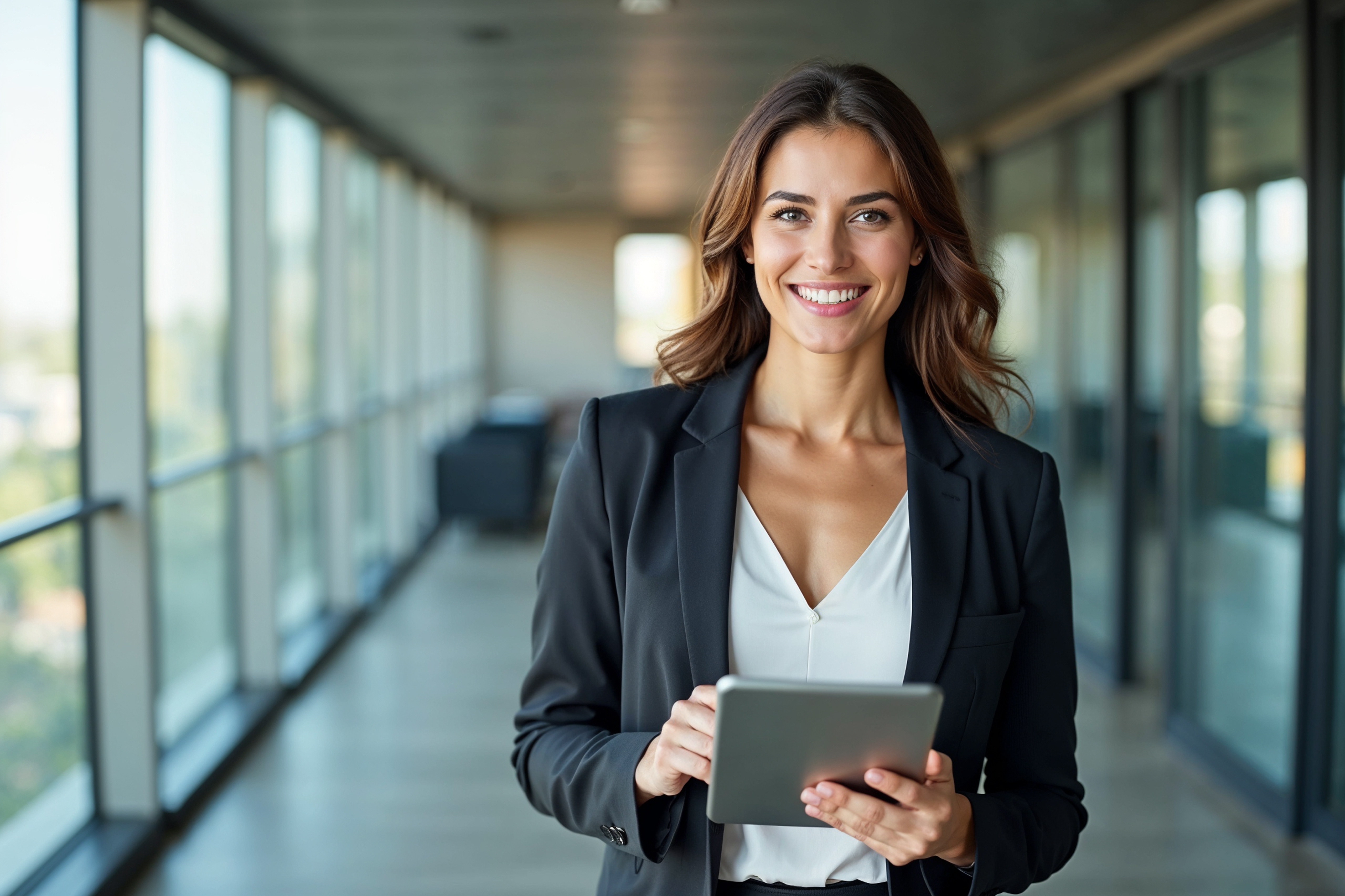 Porträt einer jungen hispanischen Geschäftsfrau, die im Büro steht. Glückliche weibliche Führungskraft, lächelnde Geschäftsfrau, Unternehmerin, Unternehmensleiterin, die mit einem Tablet in die Kamera blickt